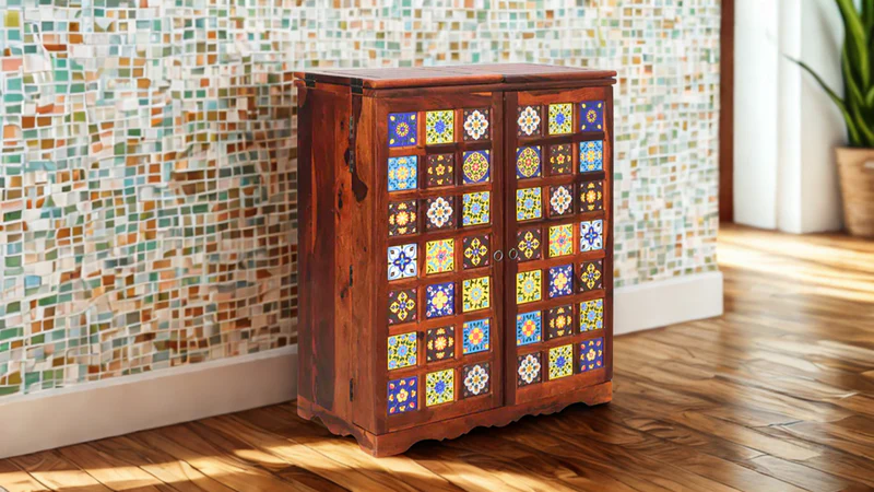 Tile Bar Cabinet in Honey Finish