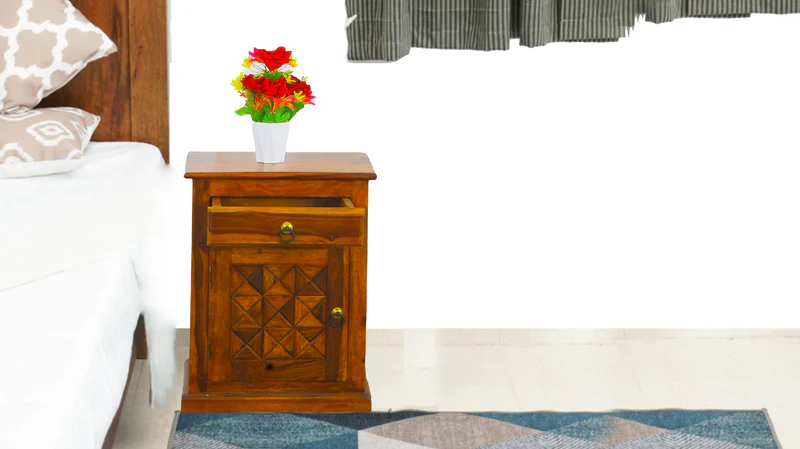 Cube Bed Side Table in Honey Finish