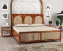 "Decor Your Home with STRATA FURNITURE – Queen Size Rattan Cane Solid Wood Bed with Storage | Elegant Wooden Double Cot (Traditional Honey Finish)"