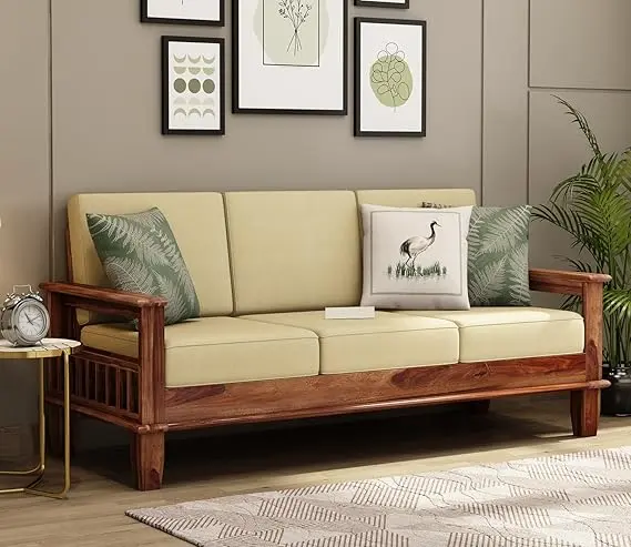 "Decor Your Home with STRATA FURNITURE – Sheesham Wooden 3-Seater Sofa | Rosewood Cushion Sofa with Side Newspaper Holder for Living Room & Office (Honey Finish)"
