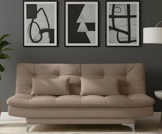 "Decor Your Home with STRATA FURNITURE – AMATA Eagle Solid Wood 3-Seater Sofa Cum Bed | Camel Velvet Fabric with Two Cushions for Home, Office & Guests (3 Years Warranty)"