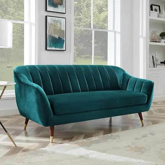 "Decor Your Home with STRATA FURNITURE – AMATA Marino Solid Wood 3-Seater Sofa | Blue Suede Velvet Fabric with Cushions for Home, Office & Guests (3 Years Warranty)"