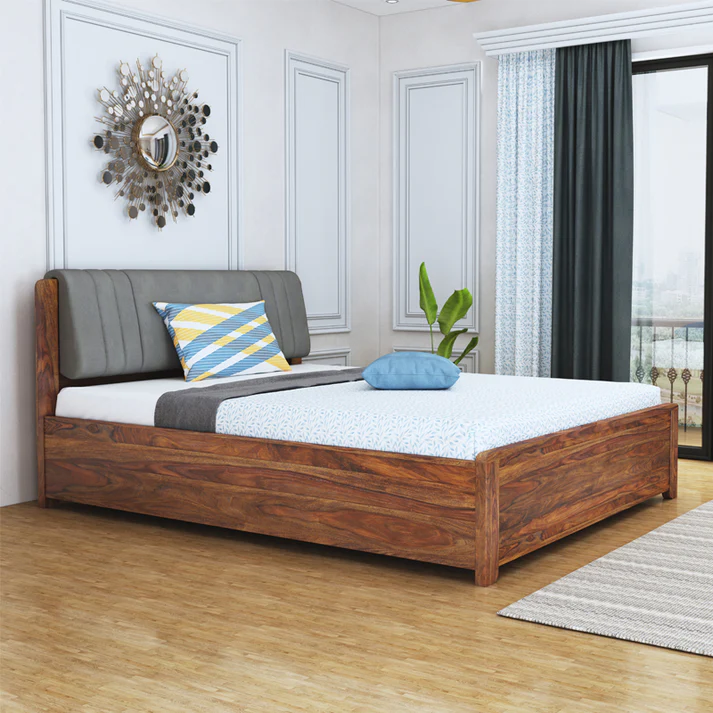 Lannister Queen Box Storage Bed in Teak Finish- Grey